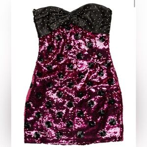 DUNDAS Pink Black Gold Sequin Leather‎ Polka Dot Mini Dress Strapless Beaded